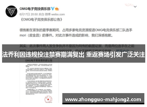 法乔利因违规投注禁赛期满复出 重返赛场引发广泛关注 法乔利因违规投注禁赛期满复出 重返赛场引发广泛关注